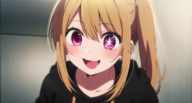 anime girl with long blonde hair and purple eyes in a black hoodie