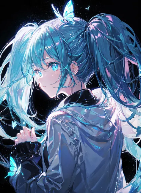 masterpiece, best quality, ultra-detailed, 1girl, hatsune miku, (twintails:1.2), upper body, (white jacket:1.2), from behind, ?, negative space, (bioluminescence:1.2), darkness, wind, butterfly, (black background:1.2), glowing, (blue theme:1.2),