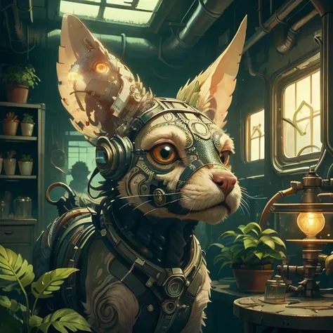 there is a cat with a steam - powered head and a lamp