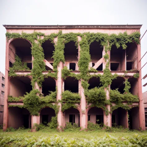 photo, an abandoned building with a lot of plants growing out of it (overgrown style:1) <lora:djzOvergrown_V21:1>