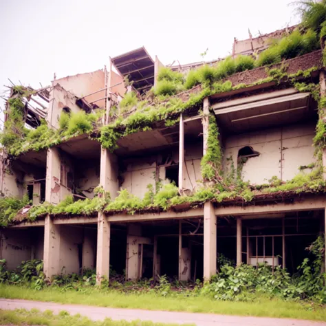 photo, an abandoned building with a lot of plants growing out of it (overgrown style:1) <lora:djzOvergrown_V21:1>