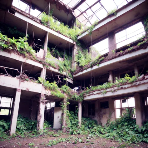 photo,  an abandoned building with plants growing all over it (Overgrown style:1) <lora:djzOvergrownV21:1>