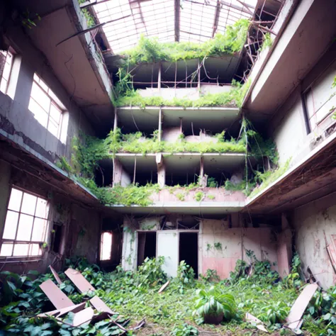 photo,  an abandoned building with plants growing all over it (overgrown style:1) <lora:djzovergrownv21:1>