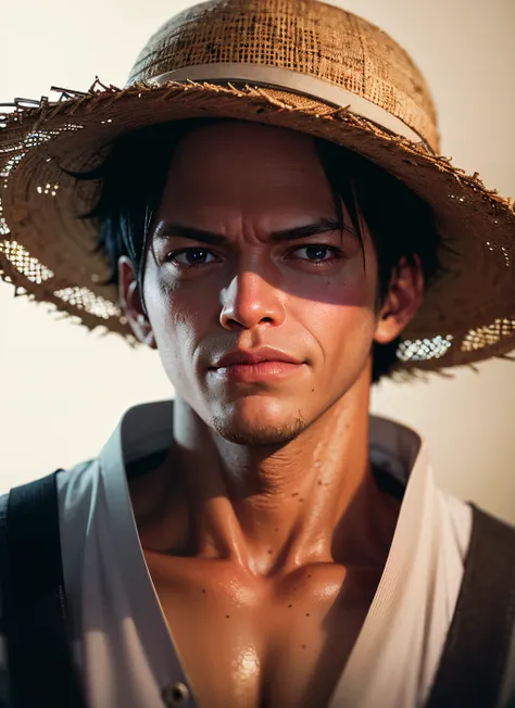 monkey d. luffy, one piece anime, scarred face, straw hat, symmetrical body, portrait, cinematic lighting, high contrast, artsta...