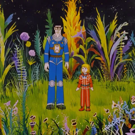 close up photo, soviet man with girl in cosmic garden, cartoon, kachanov, style, character, space illustration, standing <lora:kachanov_style:1>  . graphic illustration, comic art, graphic novel art, vibrant, highly detailed, professional photography, high...