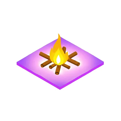 a purple square with a lit campfire and sticks on it