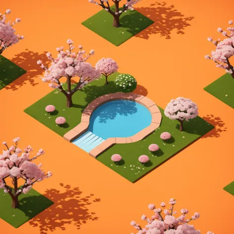 a group of trees and a pool in a park