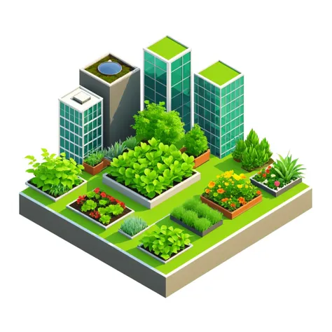 a isometric view of a city with a garden and buildings