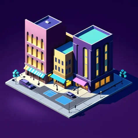 a cartoon city with a street and buildings on a purple background