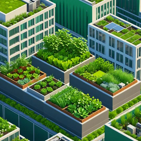 a close up of a city with a lot of plants growing on the roofs