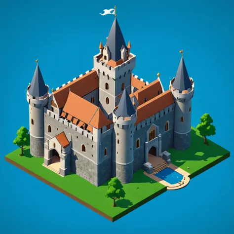 a cartoon castle with a fountain and a bird flying over it