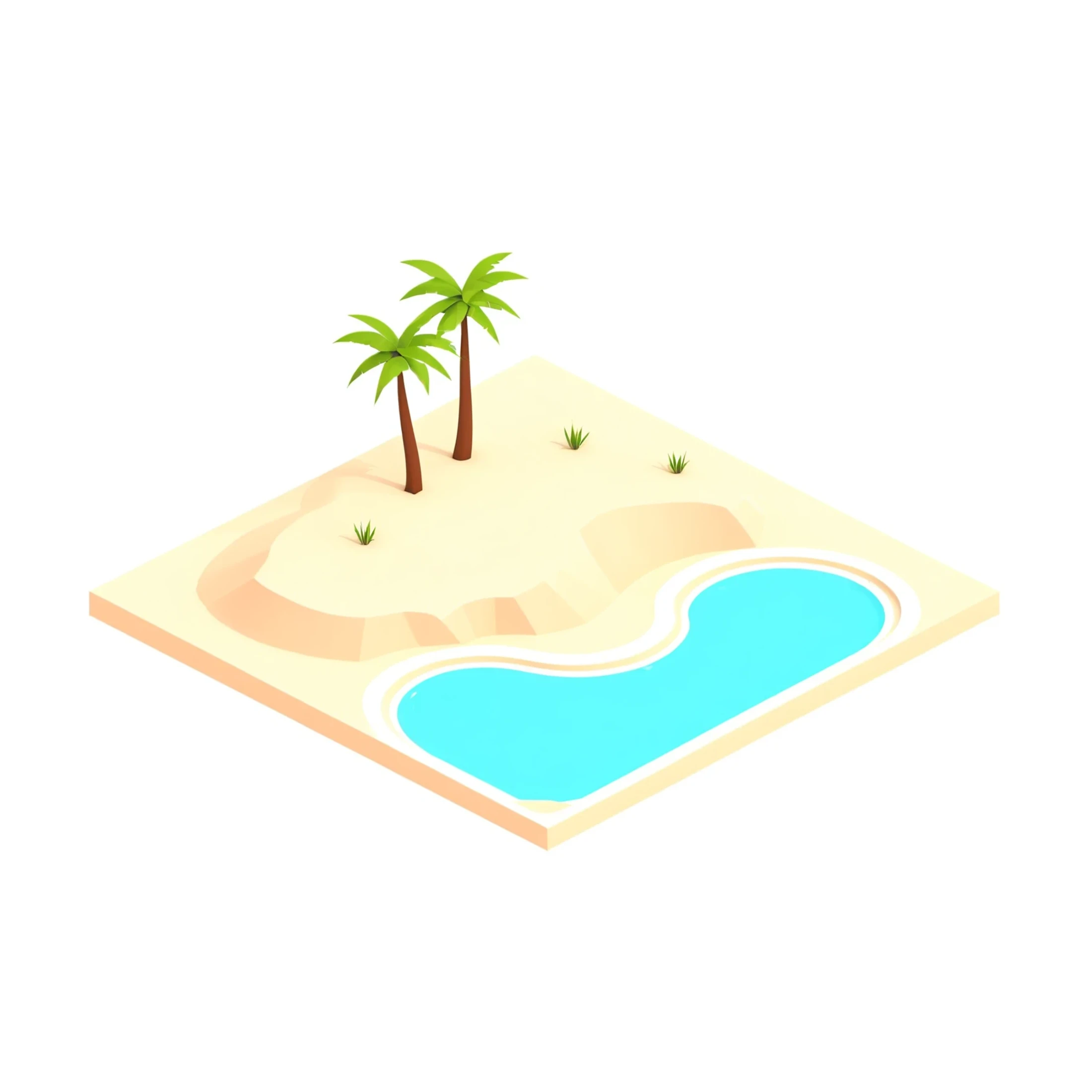 a small island with a pool and palm trees on it