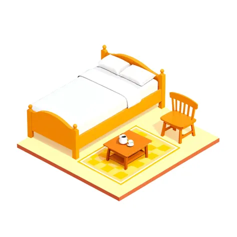 a cartoon bed with a table and chair in a bedroom