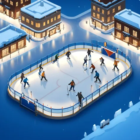 a group of people skating on an ice rink in a city