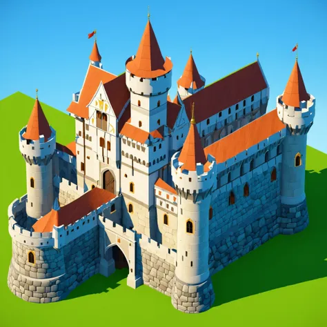 a 3d illustration of a castle with a red roof and a tower