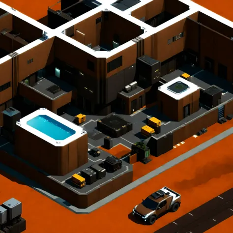 a close up of a building with a pool and cars