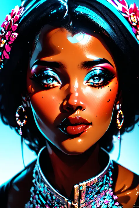 <lora:Dark_Fantasy-10:1> Dark Fantasy,(masterpiece, best quality, ultra-detailed, highres, best illustration),perfect face, ((solo, solo focus)),sidelighting, lustrous skin,(bloom), (shine), ray tracing,1girl, dark skin, dark-skinned female, solo, jewelry,...