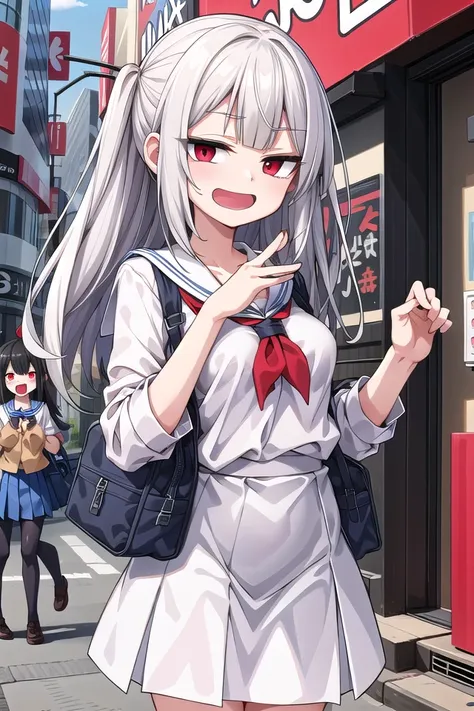 anime girl in a school uniform standing on a street corner