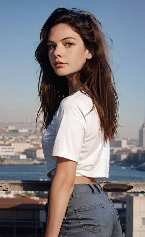 arafed woman in white shirt and jeans standing on a balcony