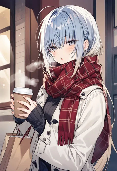 anime girl with blue hair and scarf holding a cup of coffee