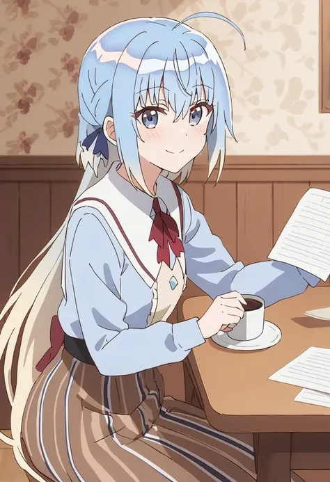 anime girl sitting at a table with a cup of coffee