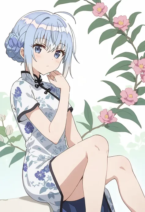 anime girl sitting on a rock with a flower in her hair