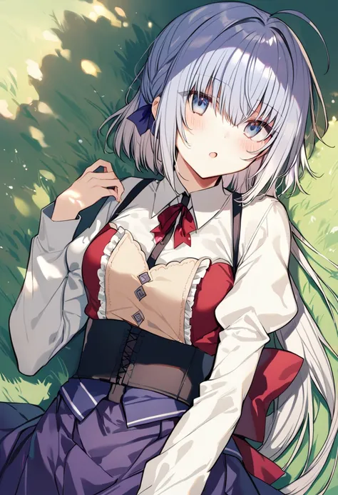 anime girl with long white hair and blue eyes sitting in the grass