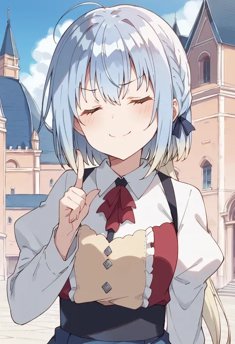 anime girl with white hair and blue eyes in front of a castle