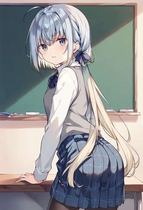 anime girl in school uniform standing in front of a chalkboard