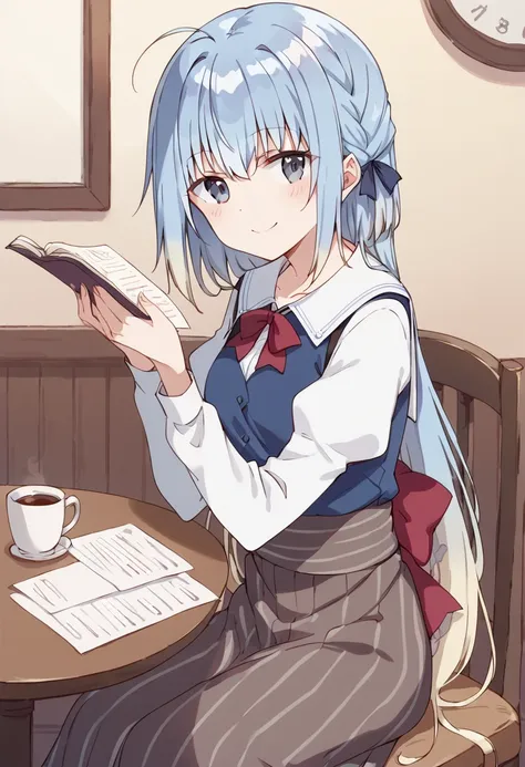 anime girl sitting at a table reading a book and drinking coffee