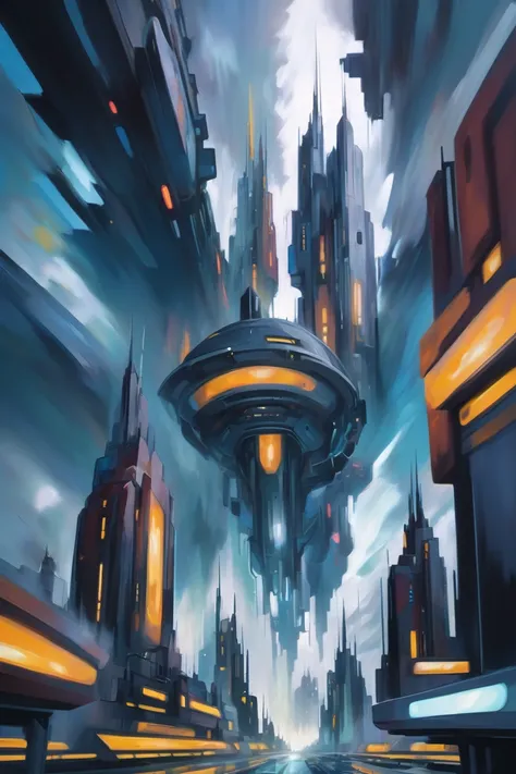 modern digital expressionism, oil painting, (scifi:1.5), wonderous scifi cloud city outside of reality, moody color palette<lora:EnvyExpressionismXL01:0.7>