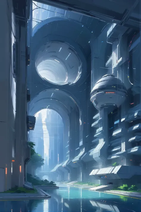 a painting of a futuristic city with a pool and a clock tower