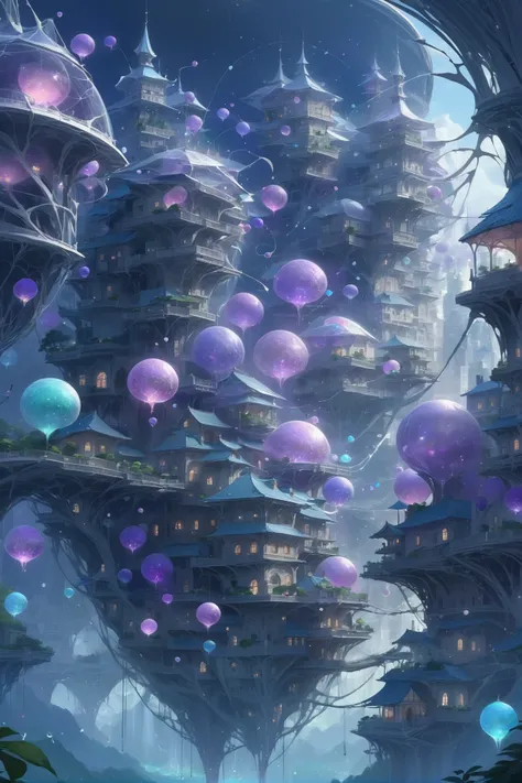 a picture taken from a video game shows a futuristic city with balloons floating in the air