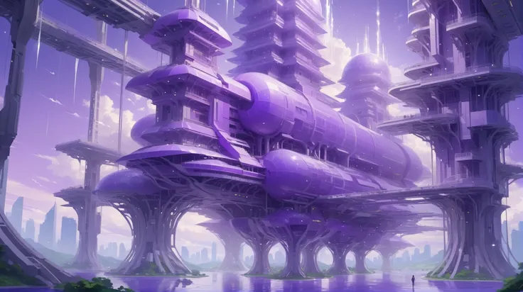 purple futuristic city with a giant tower in the middle of it