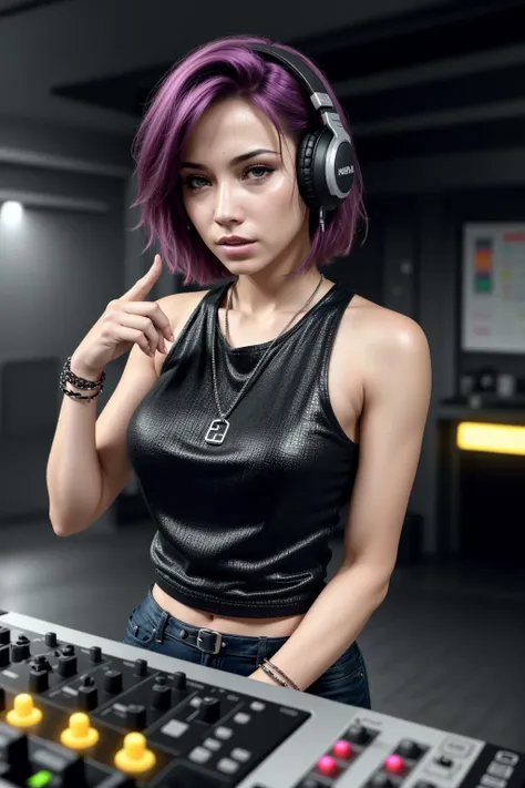 upper body, female dj, colorful clothes , emo, gothic, playful accessories, creative behavior, imaginative, sensual, spontaneous...