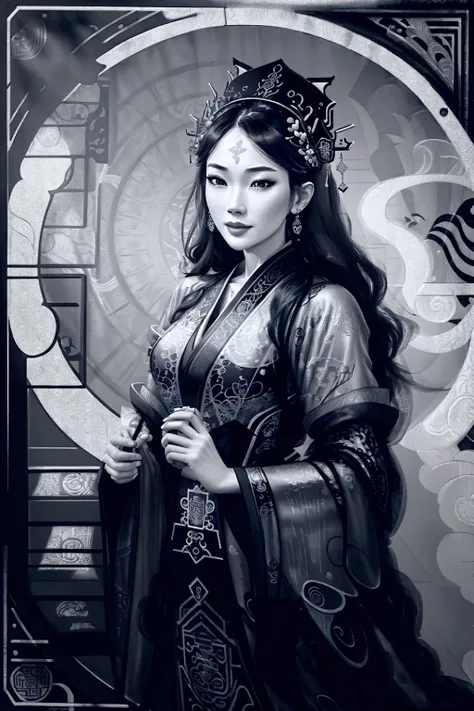 hanfu (4k, best quality, highres:1.1), (masterpiece:1.1),ornamental,
  malice, tendrils, dark atmosphere, ((greyscale:1.5)), detailed linework, cinematic, psychedelic, black paper with vibrant (turqoise) line work, ornate, symmetrical, (tarot card), highly...