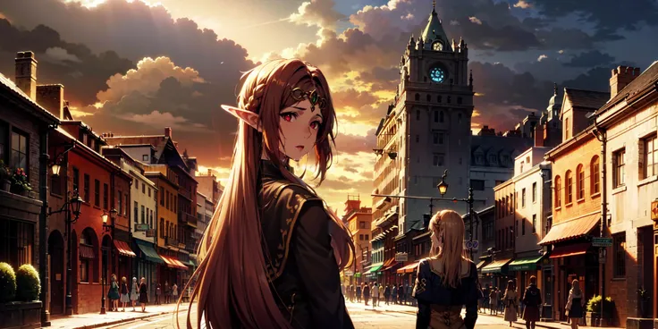 anime girl with long hair walking down a street in a city