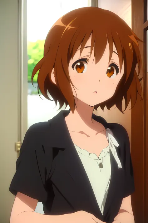 anime girl with brown hair and brown eyes in a black jacket