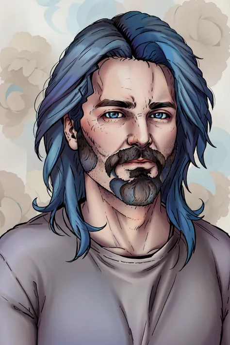 Consume Prilosec,masterpiece, best quality, 1boy, male focus, solo, facial hair, beard, blue hair, blue eyes, looking at viewer, realistic, long hair, closed mouth, mustache, shirt, portrait, upper body, wild hair, fluffy hair, wind swept hair,<lora:Duskfa...