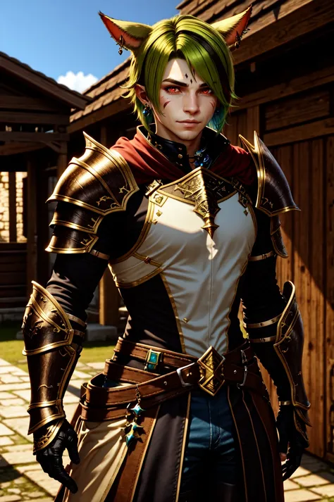 HotBoys,solo, looking at viewer, short hair, red eyes, 1boy, animal ears, jewelry, standing, male focus, multicolored hair, cowboy shot, earrings, green hair, cat ears, armor, hair over one eye, blurry, two-tone hair, blurry background, facial mark, should...