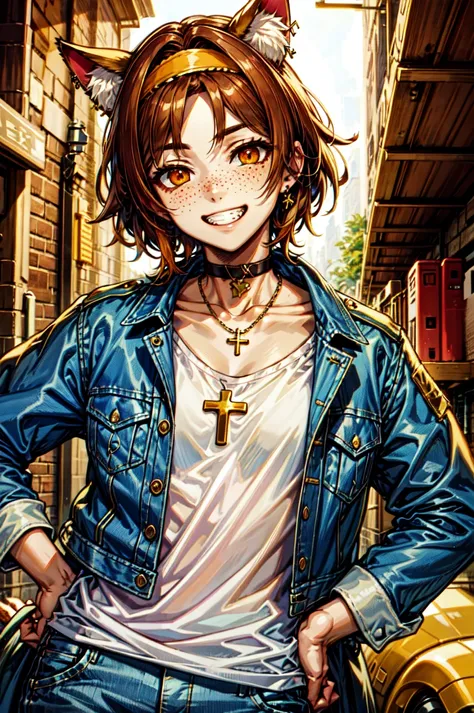 HotBoys,  (masterpiece, best quality, ultra-detailed, highres, best illustration),1boy, male focus, animal ears, freckles, smile, solo, orange eyes, jacket, jewelry, looking at viewer, choker, necklace, shirt, white shirt, grin, headband, upper body, short...