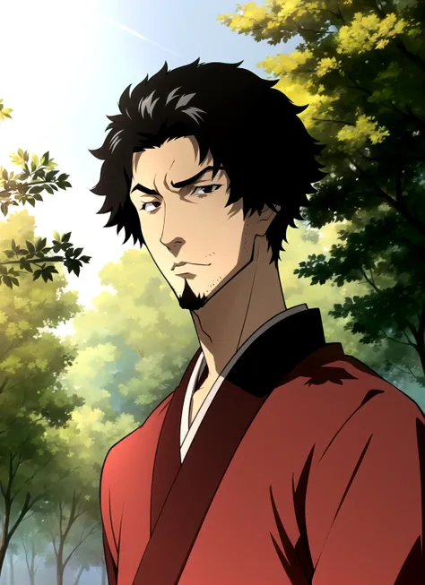 champloo <lora:champloo_offset:1>, masterpiece, best quality, 1boy, male focus, solo, black hair, facial hair, stubble, nature, forest, red kimono