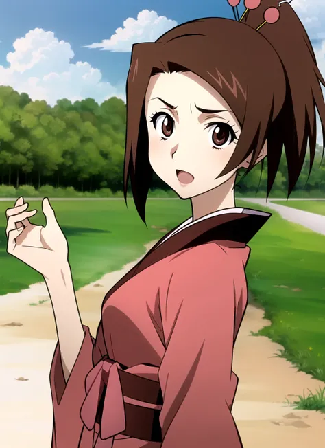 champloo <lora:champloo_offset:1>, masterpiece, best quality,  1girl, solo, hair ornament, brown hair, open mouth, japanese clothes, hair stick, brown eyes