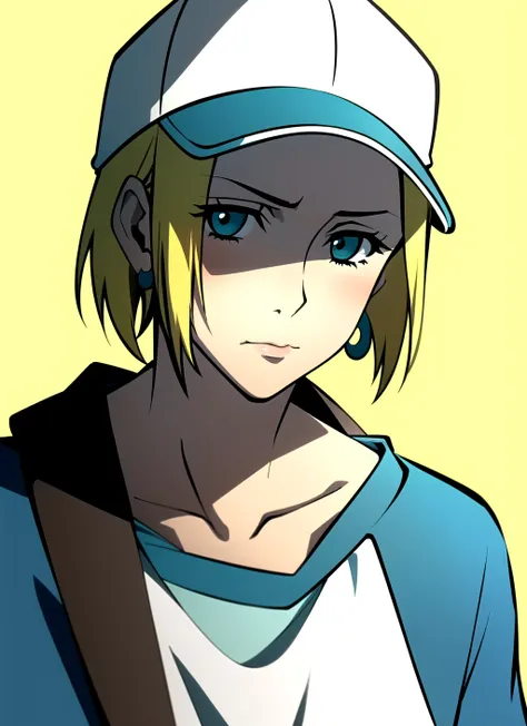 champloo <lora:champloo_offset:1>,  masterpiece, best quality, 1girl, aqua eyes, baseball cap, blonde hair, closed mouth, earrings, green background, hat, hoop earrings, jewelry, looking at viewer, shirt, short hair, simple background, solo, upper body, ye...