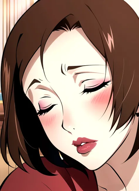 champloo <lora:champloo_offset:1>, masterpiece, best quality,1girl, brown hair, solo, blush, closed eyes, lips, close-up, makeup, lipstick, parody, sleeping