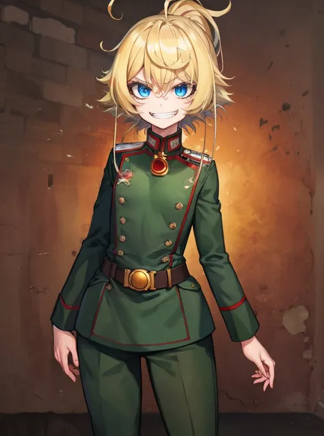 masterpiece, detailed, high quality, absurdres, tanya, 1girl, solo, evil grin, small breasts, curvy, military, military uniform,