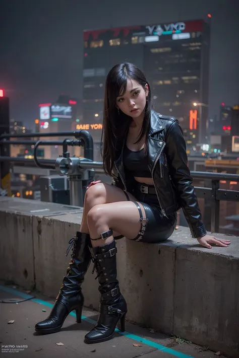 (masterpiece), best quality, ultra high res, cyberpunk style, 1girl,(black leather jacket and biker boots),long hair, night city...