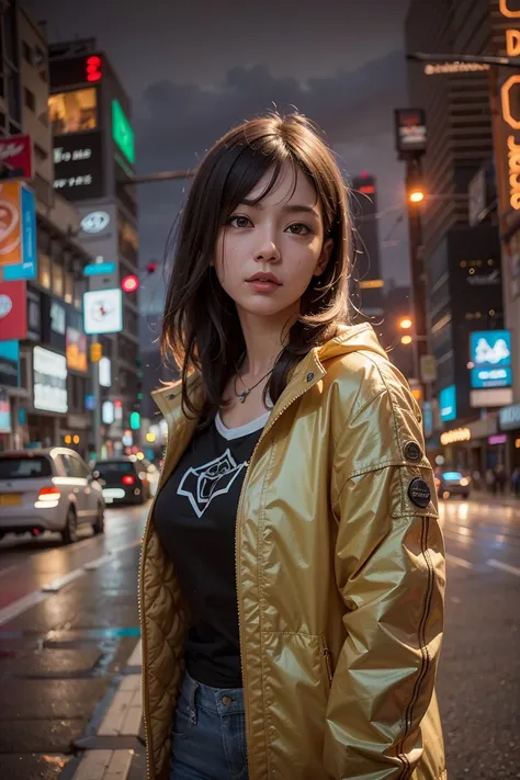 (masterpiece), best quality, ultra high res, close up portrait, walking pose, cyberpunk style, 1girl,(oversized yellow jacket),l...