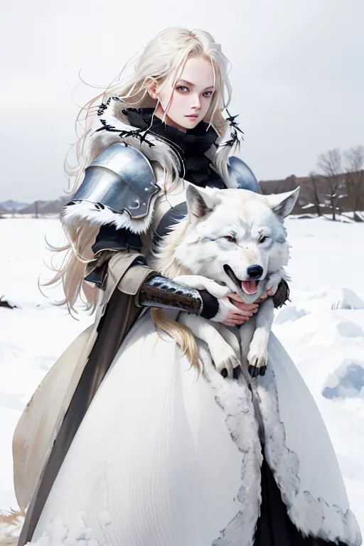 yohji fashion style, realistic photo modelshoot style, wind of winter, heavy armor, heavy snow, young blond woman with wolf, (RAW photo, 8k uhd, film grain), extremely delicate and beautiful, 8k, soft lighting, high quality, highres, sharp focus, extremely...