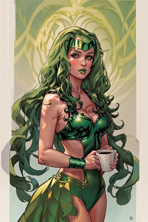 official art, masterpiece, Lorna Dane, Polaris,green lips, 1girl, solo, green hair, cup, makeup, lipstick, green eyes, long hair, mug, holding cup, breasts, cleavage, green leotard, headband, looking at viewer,holding,upper body  <lora:Polaris-10:1>